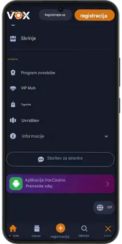 Vox Casino App Pritisnite gumb za meni